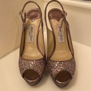 JIMMY CHOO rainbow 🌈 glitter peek toe sling back platform heels